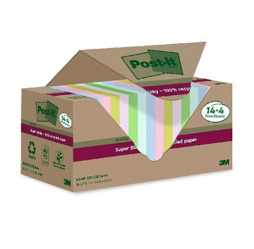 3M POST-IT SUPER STICKY RICICLATI BLOCCHETTO 76X76 mm 70 FOGLI COLORI ASSORTITI CONF 14+4 Pz.
